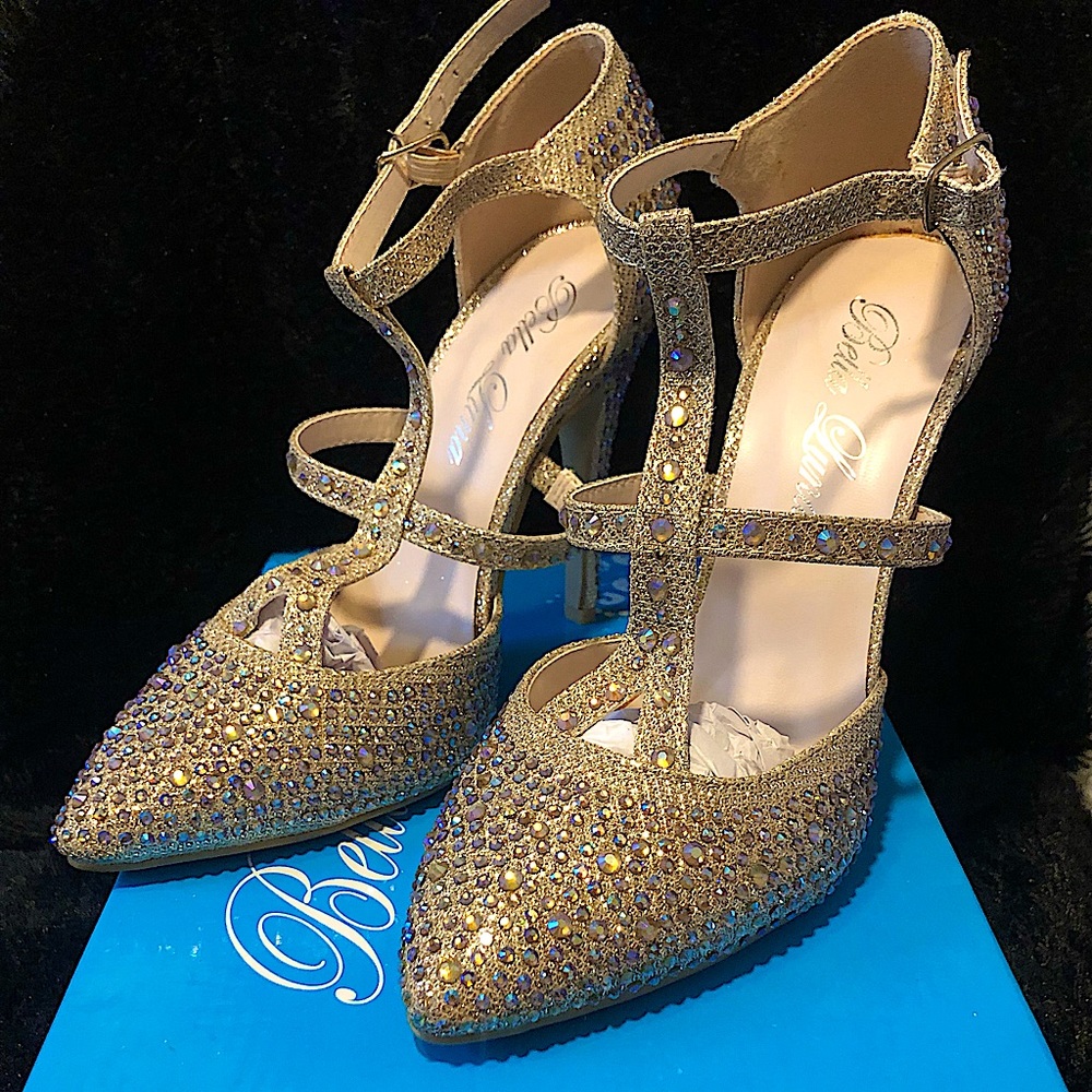 Size 8 Gold formal shoes with multicolored rhinestones.